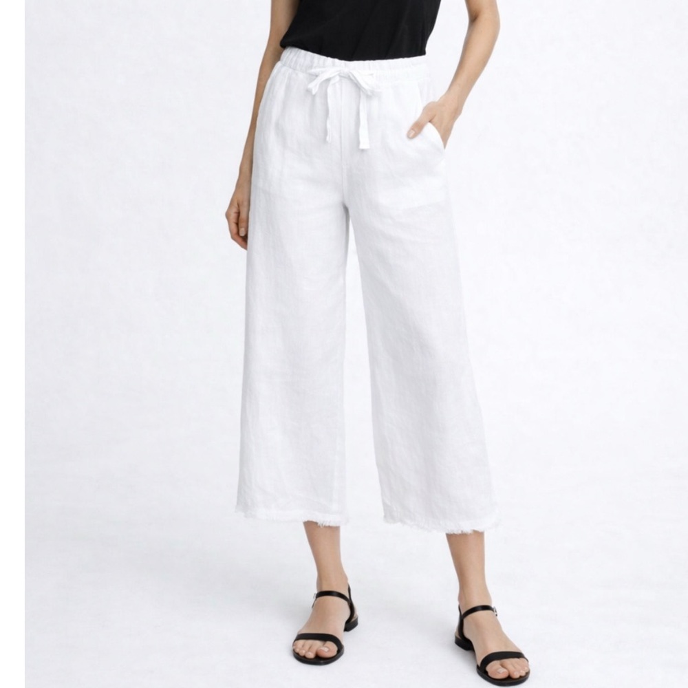 Cloth & Stone Anthropologie Linen Cropped Wide-Leg Pants with Raw Hem in White